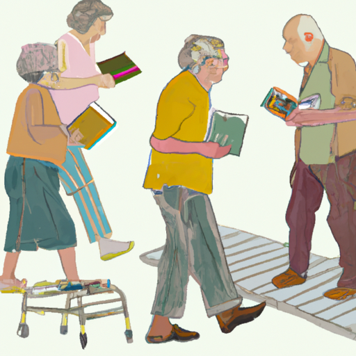 תמונה המתארת קבוצה של קשישים העוסקים בפעילויות שונות, תוך שימוש באביזרים שונים כמו מכשירי הליכה, מכשירי שמיעה וספרים באותיות גדולות